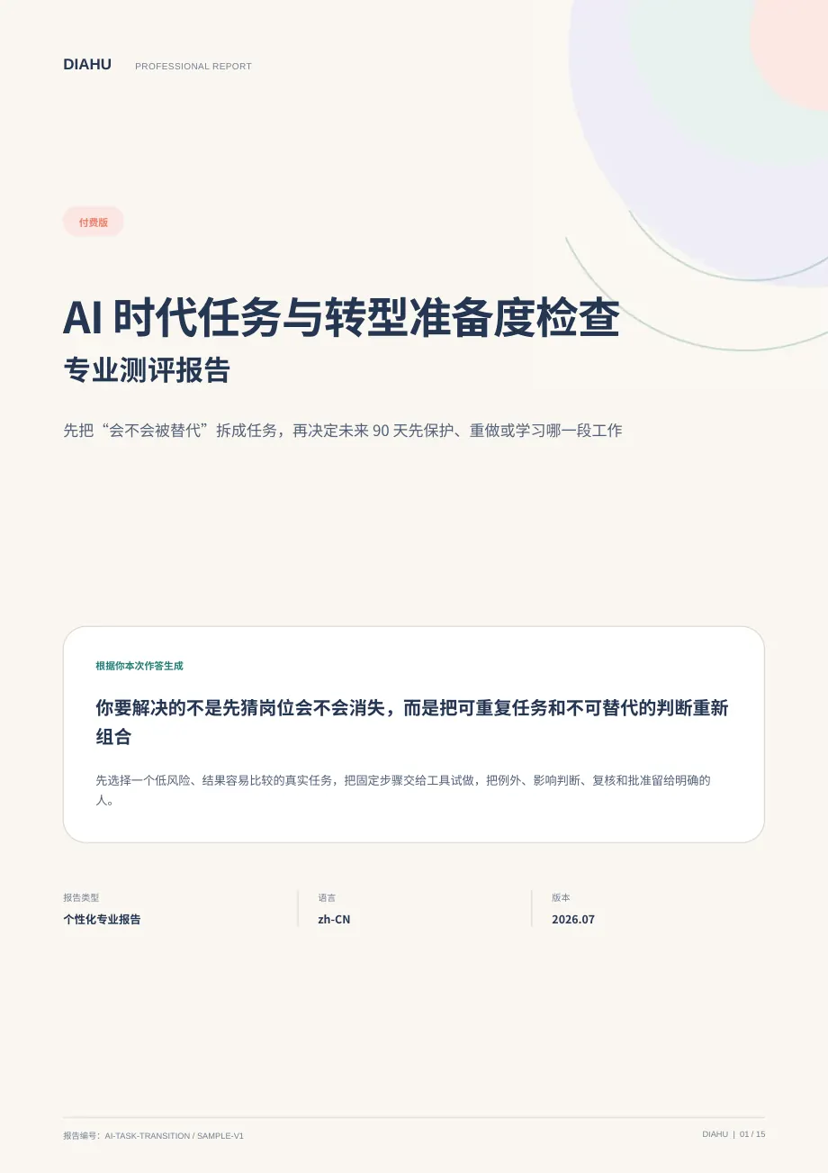 AI 时代任务与转型准备度专业测评报告第 1 页：封面与核心答案