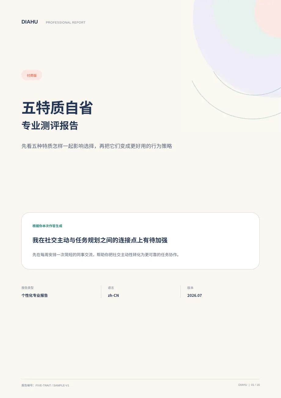 五特质自省专业测评报告第 1 页:封面与核心答案