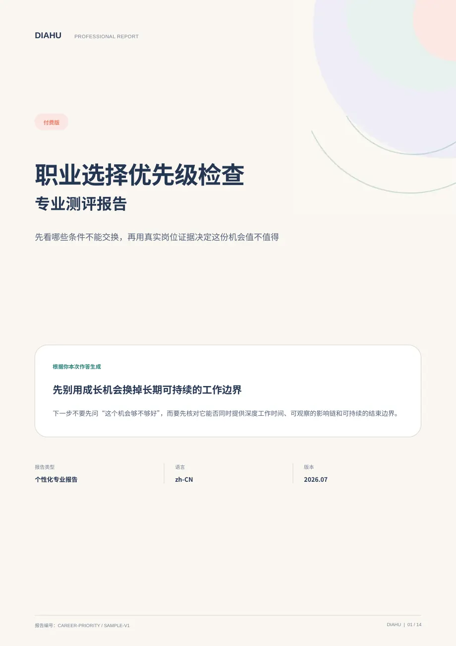 职业选择优先级专业测评报告第 1 页：封面与核心答案