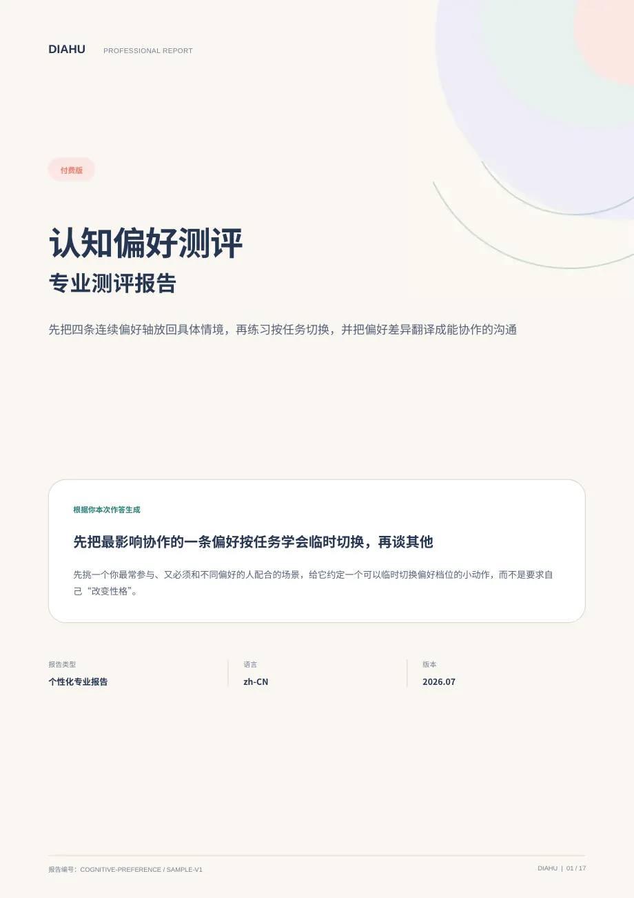 认知偏好测评专业报告第 1 页：封面与核心答案