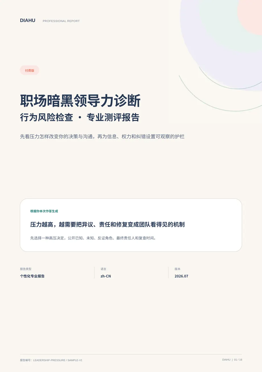 职场暗黑领导力诊断（行为风险检查）专业报告第 1 页：封面与核心答案