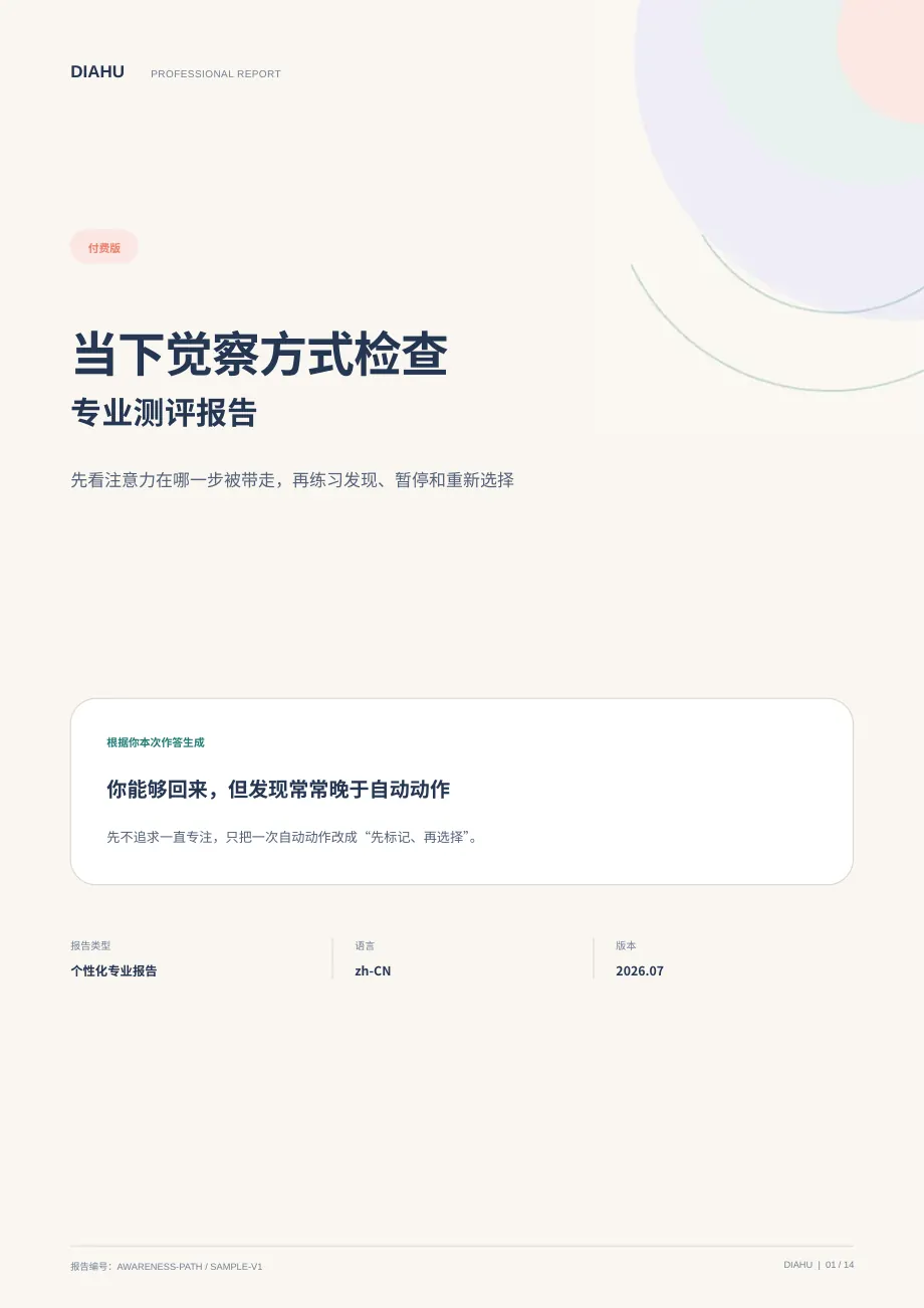 当下觉察方式专业测评报告第 1 页：封面与核心答案