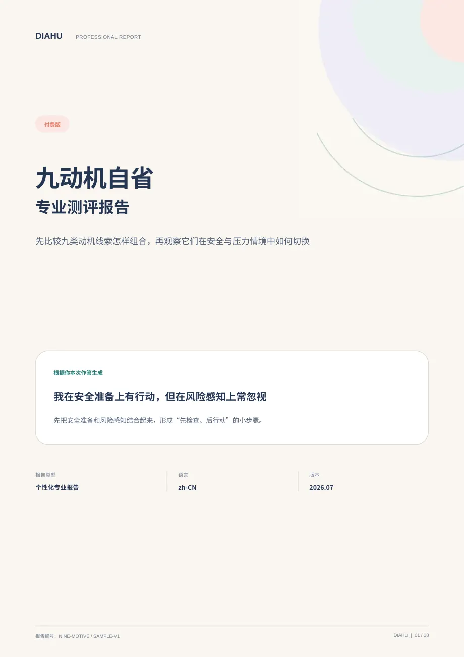 九动机自省专业测评报告第 1 页:封面与核心答案