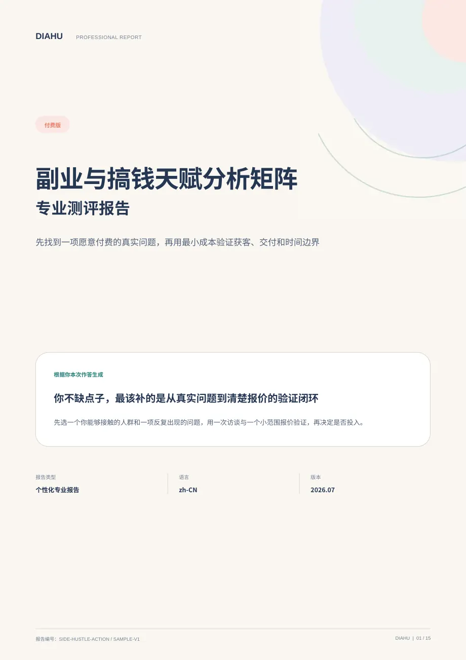 副业与搞钱天赋分析矩阵专业测评报告第 1 页:封面与核心答案
