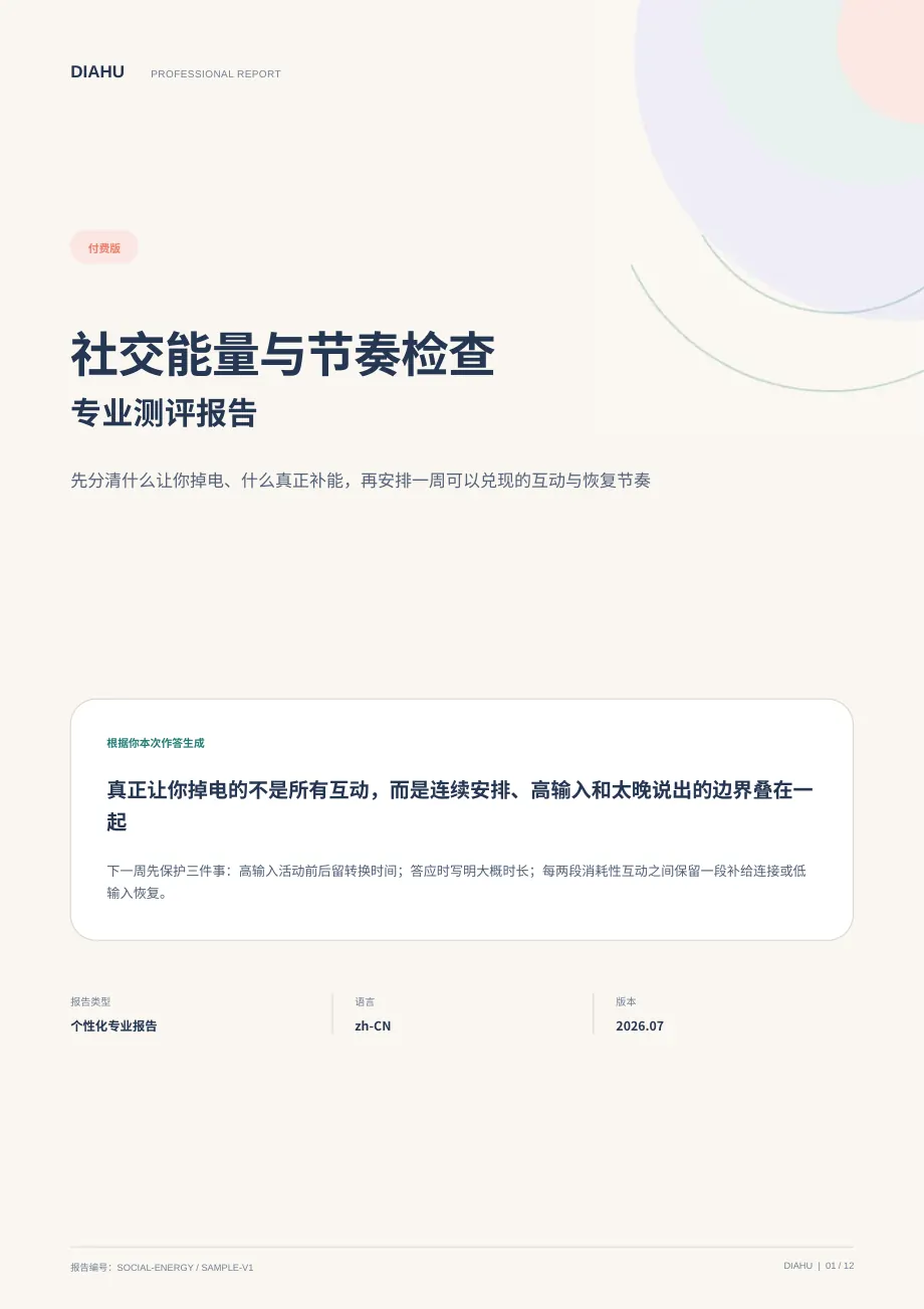 社交能量与节奏专业测评报告第 1 页：封面与核心答案